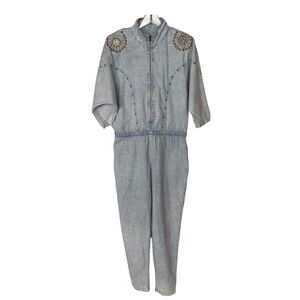 Vtg Rio Inc Trademark Jeweled Denim Acid Romper Jumpsuit Made In USA Women L EUC